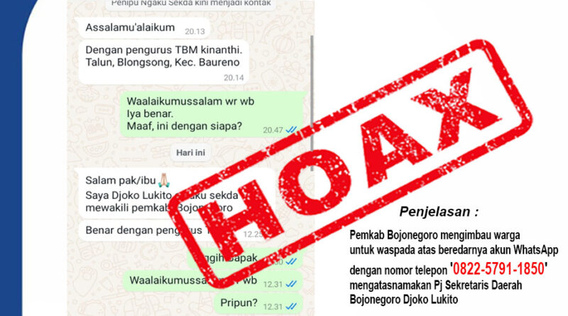 Beredar Hoax Akun WhatsApp Mengatasnamakan Pj Sekda, Pemkab Bojonegoro Imbau Warga Waspada