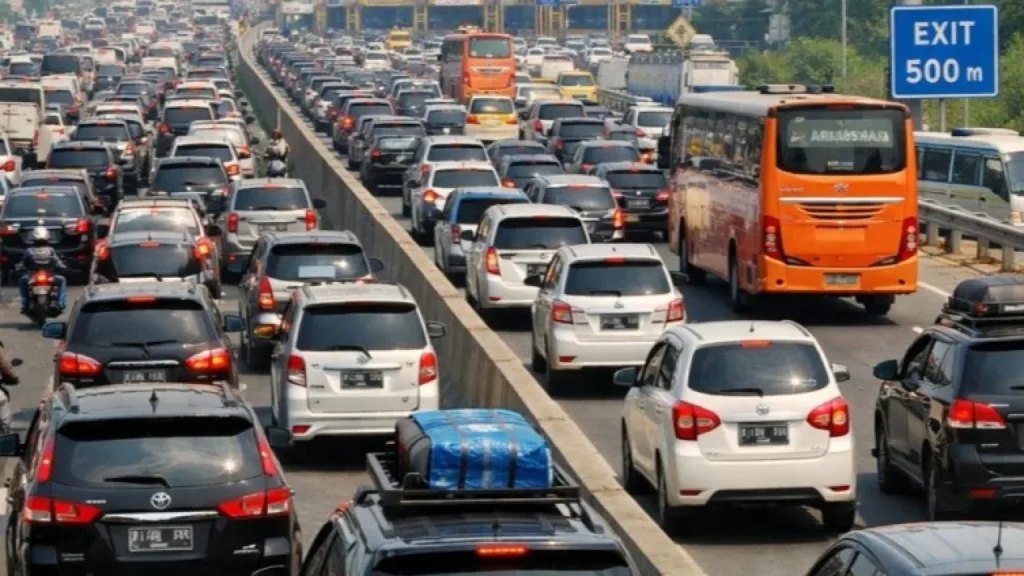 Puncak arus mudik Lebaran 2026 di jalan tol Trans Jawa dengan kepadatan kendaraan./visi.news/ist.